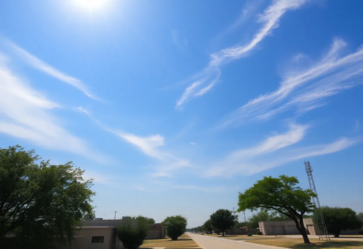 A hot and sunny Dallas-Fort Worth landscape with clear skies.