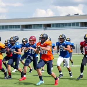 High school football players from Dallas showcasing their skills on the field.
