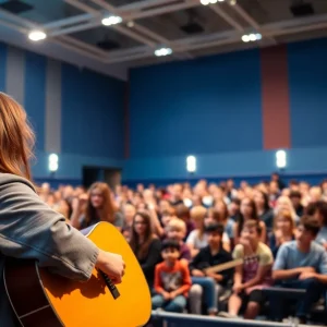 High school student performing on guitar at a music contest