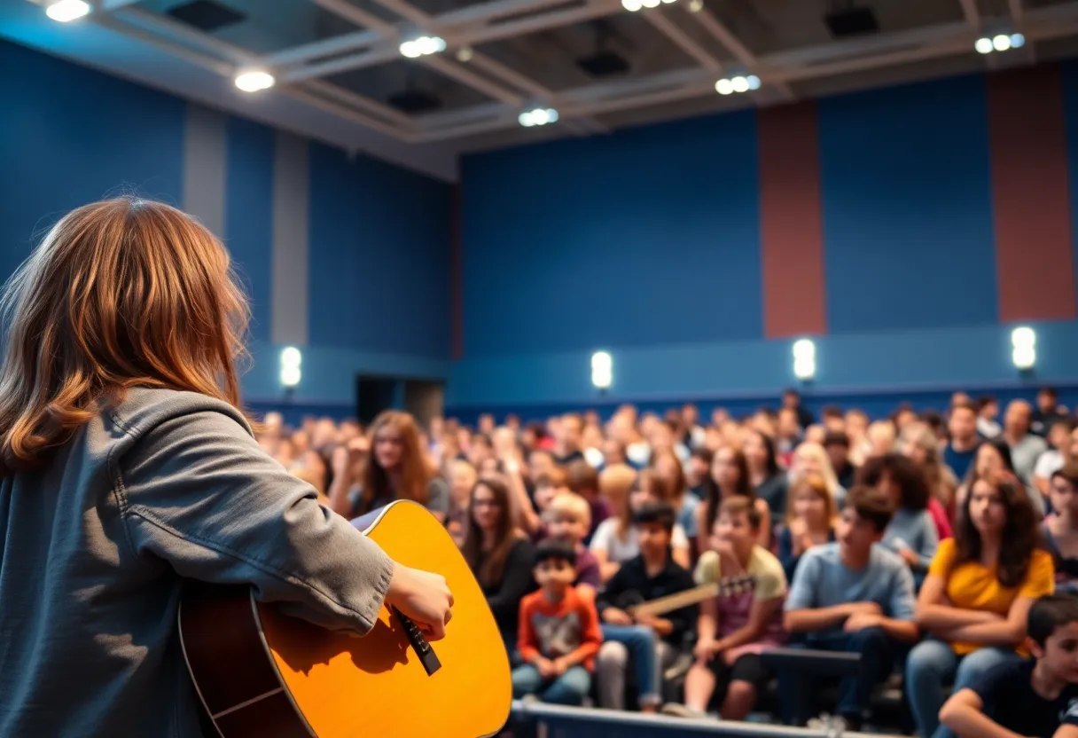 High school student performing on guitar at a music contest