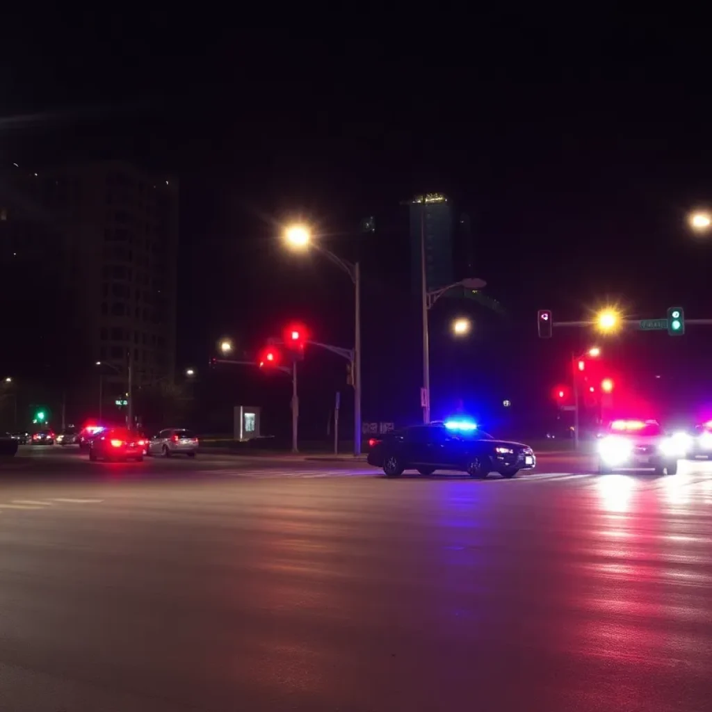 Intersection in Dallas with police lights at night