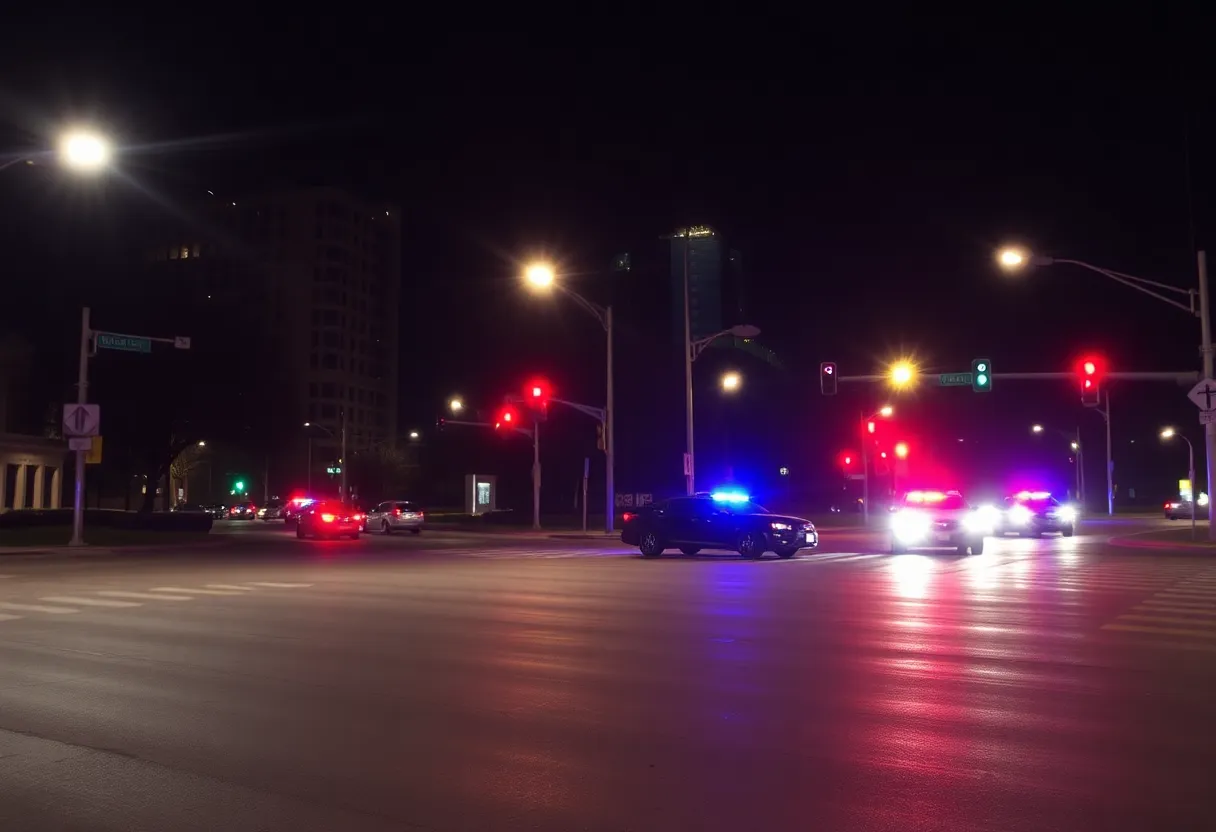 Intersection in Dallas with police lights at night