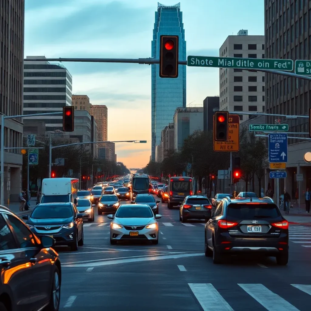Dallas urban intersection showing traffic and road signage