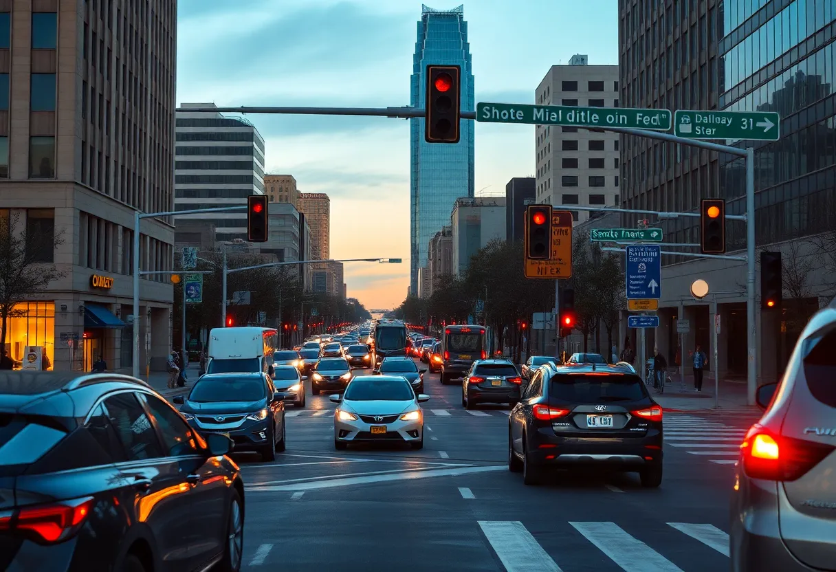 Dallas urban intersection showing traffic and road signage