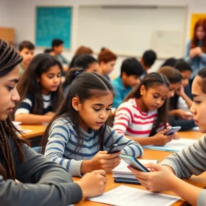 Students in a classroom without cellphones, focused on learning
