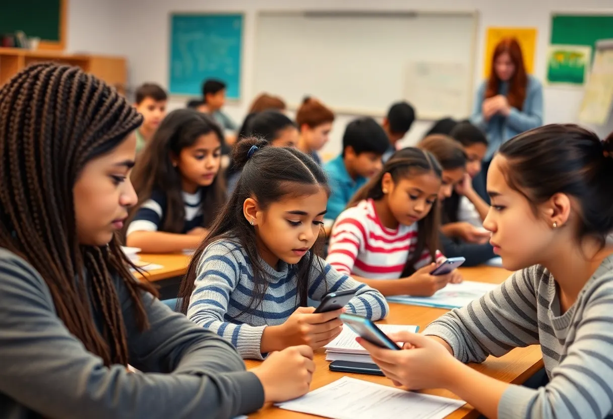 Students in a classroom without cellphones, focused on learning