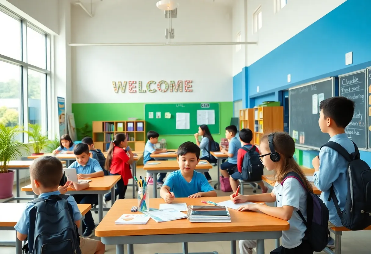 Students in a modern classroom engaged in learning activities