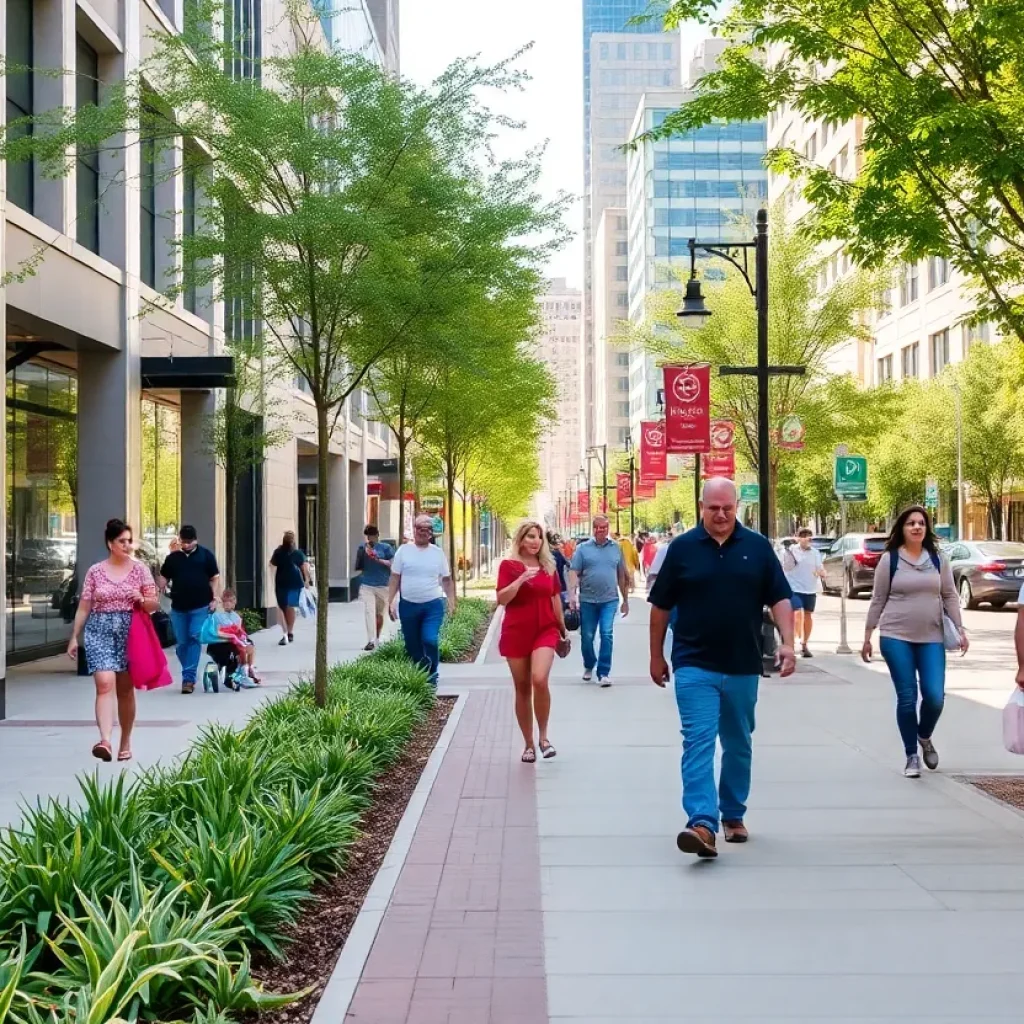 Improved sidewalk in downtown Dallas with people walking.