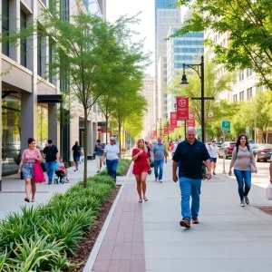 Improved sidewalk in downtown Dallas with people walking.
