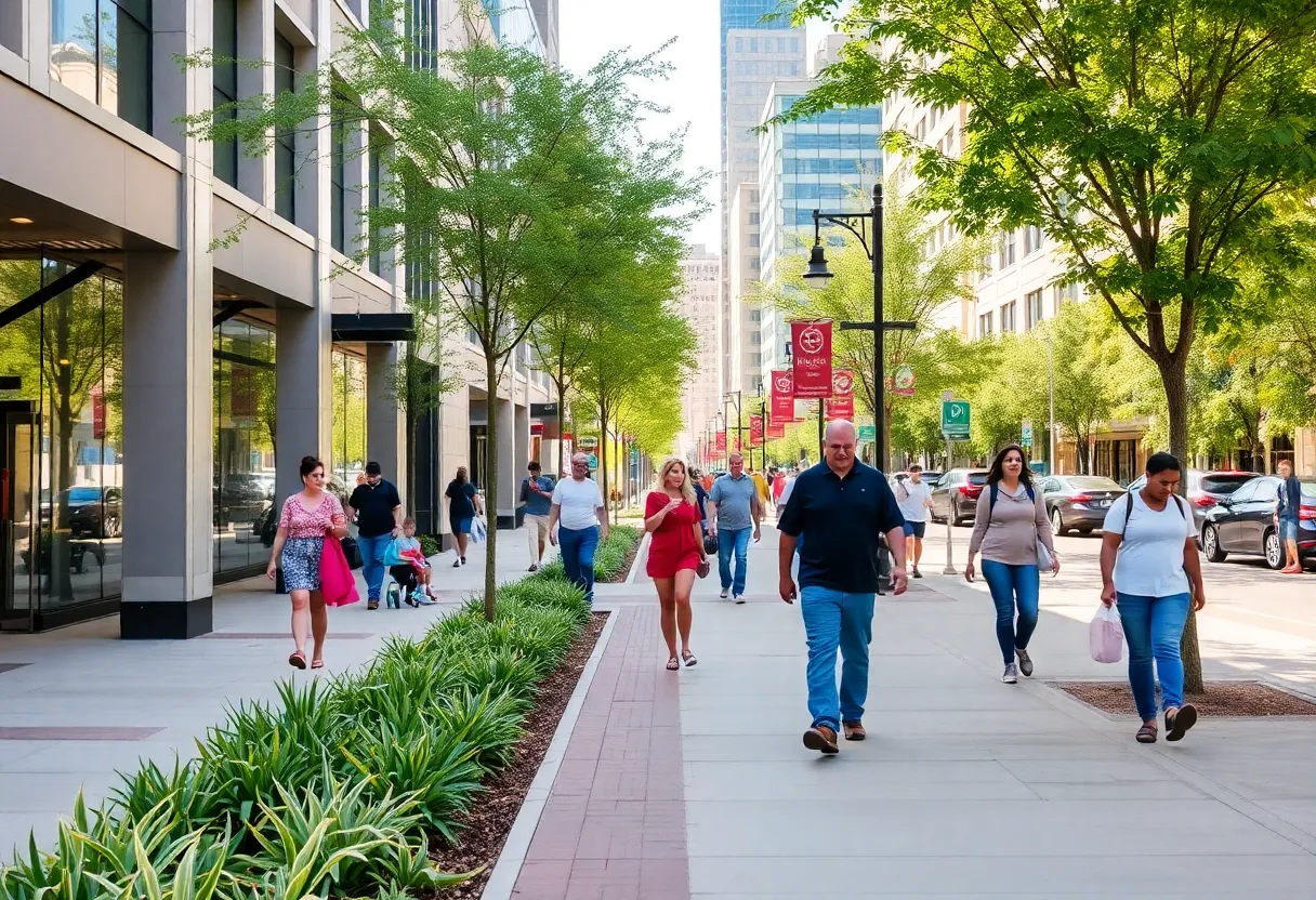Improved sidewalk in downtown Dallas with people walking.