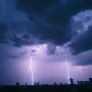Severe thunderstorms over Dallas with dark clouds