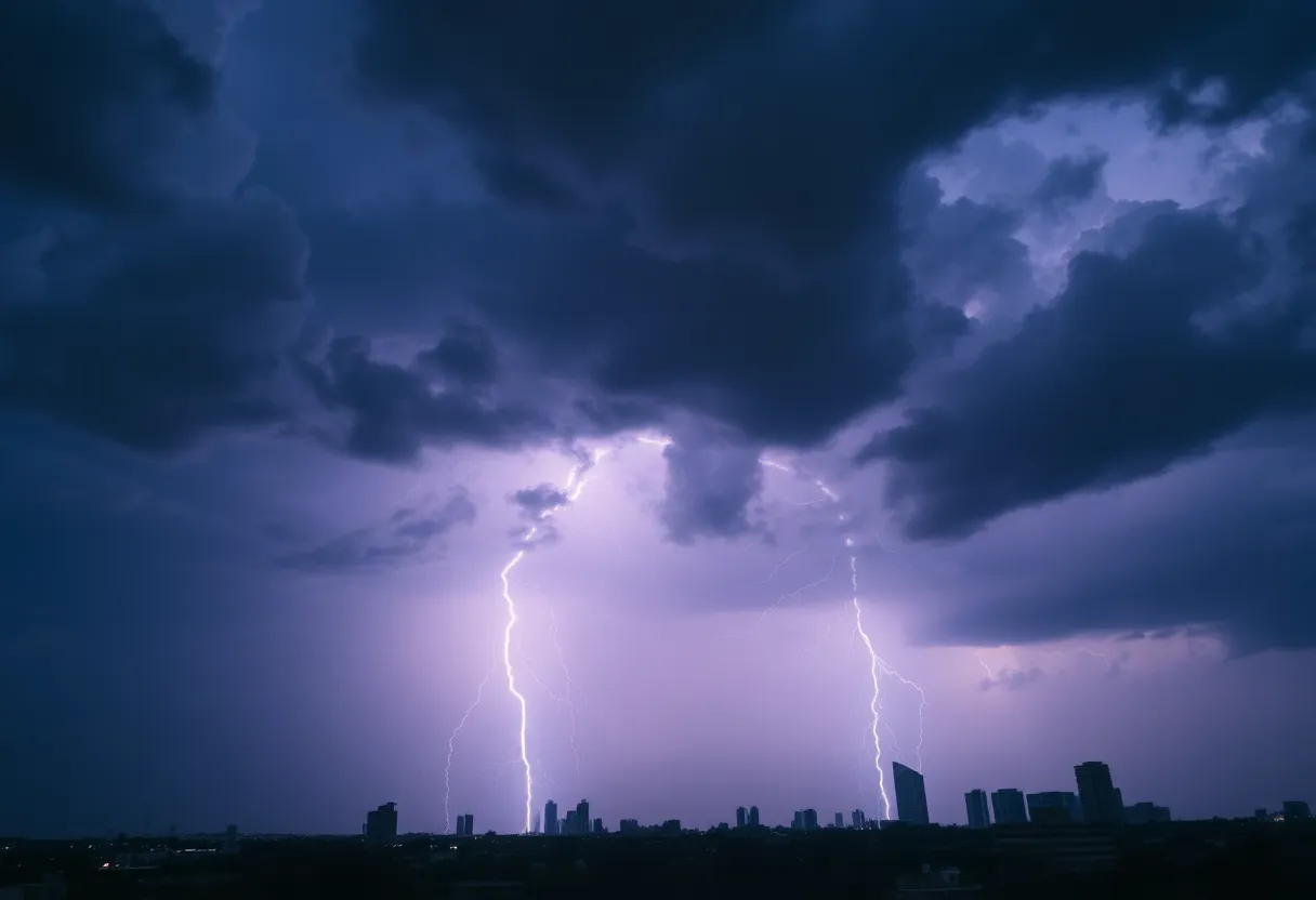 Severe thunderstorms over Dallas with dark clouds