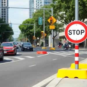 View of traffic safety features in a Dallas neighborhood