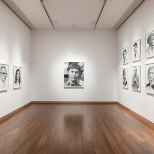 A display of collage-based drawings by Dan Jian at the University Gallery.