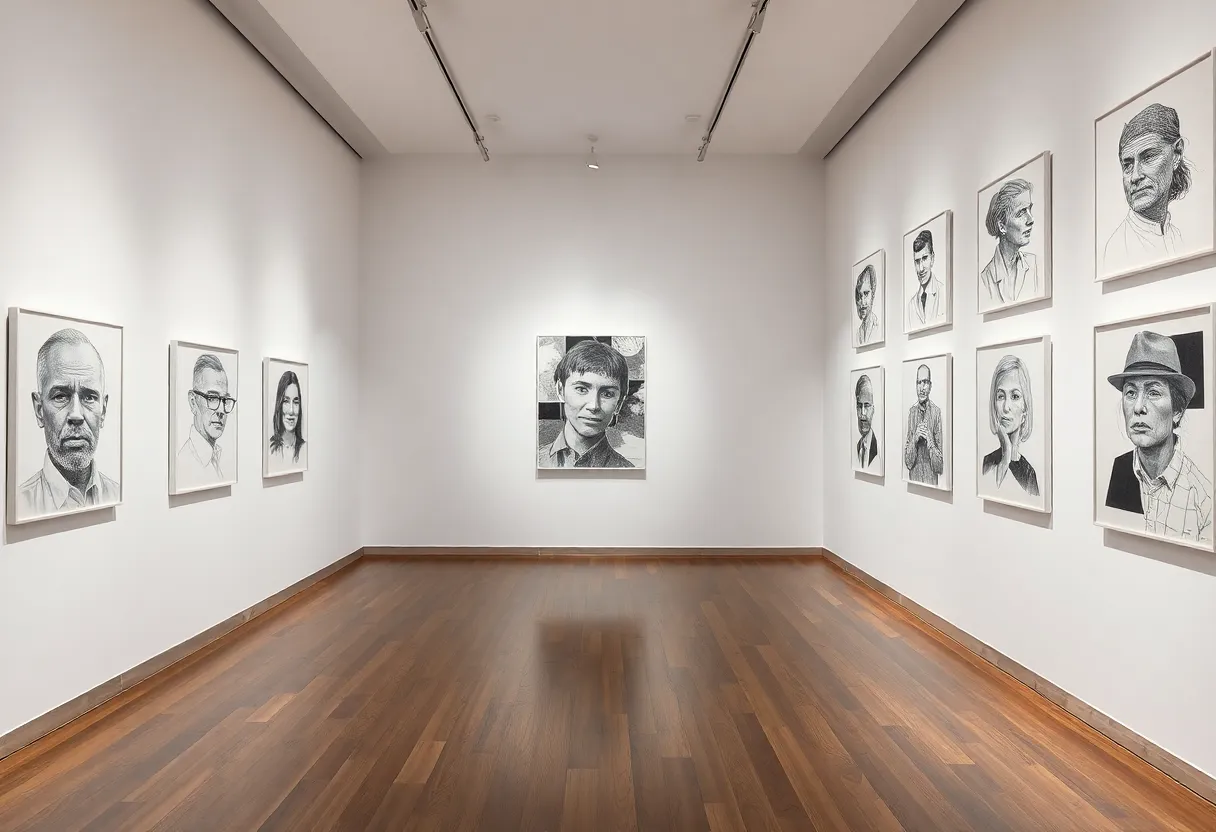 A display of collage-based drawings by Dan Jian at the University Gallery.