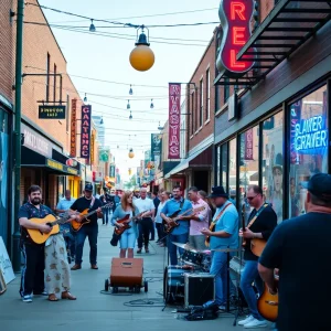 Vibrant street scene in Deep Ellum, Dallas with artists and musicians