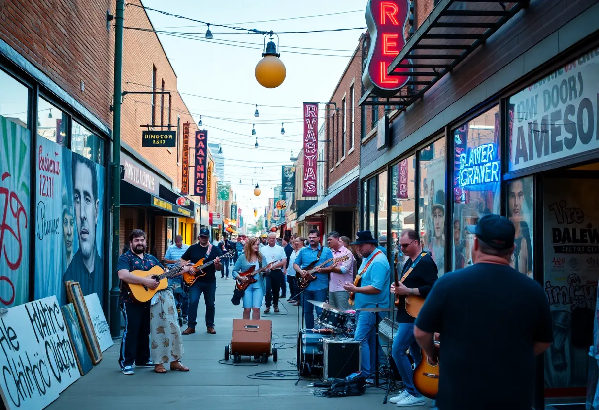 Vibrant street scene in Deep Ellum, Dallas with artists and musicians