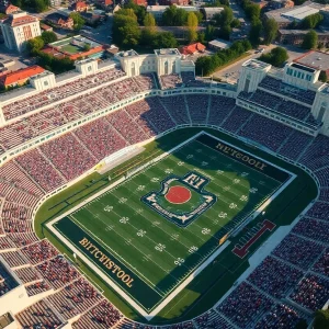 Aerial view of Farrington Field during a football game