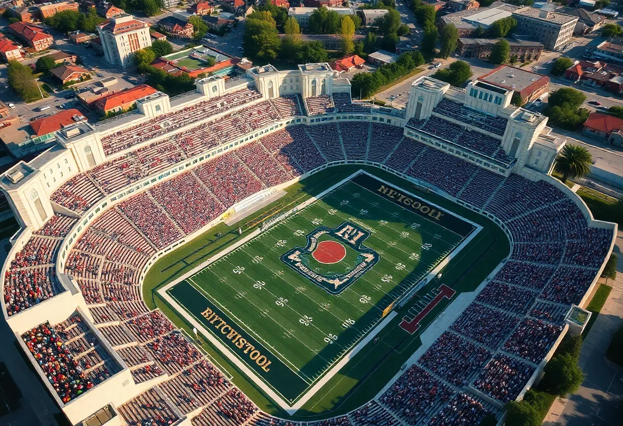 Aerial view of Farrington Field during a football game