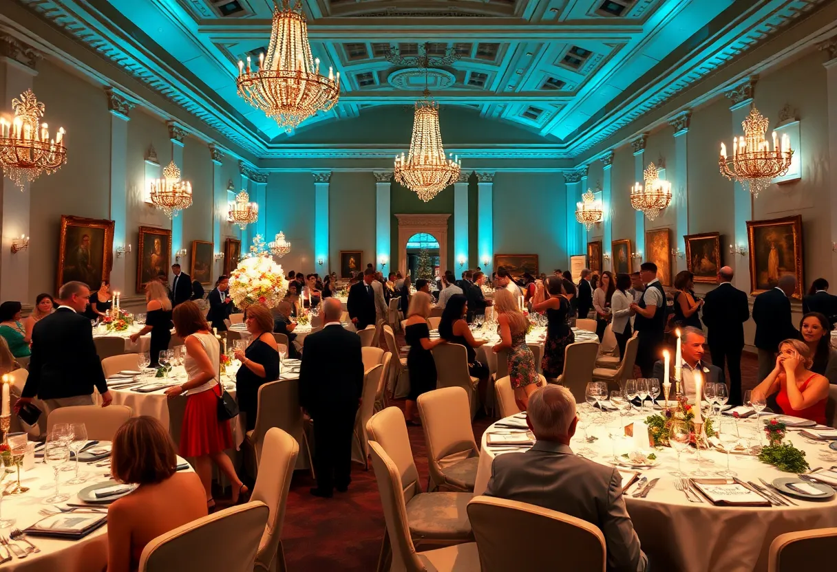 A vibrant scene from the SPCA Fur Ball Gala at the Frontiers of Flight Museum in Dallas.