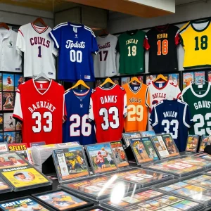 A collection of sports memorabilia displayed at Heritage Auctions