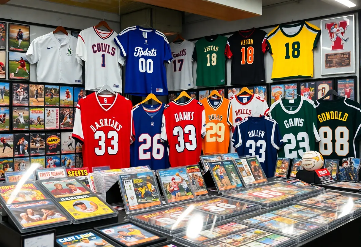 A collection of sports memorabilia displayed at Heritage Auctions