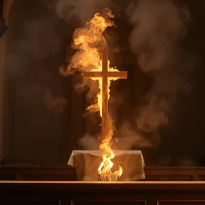 Dramatic scene of a wooden altar with smoke and a glowing cross