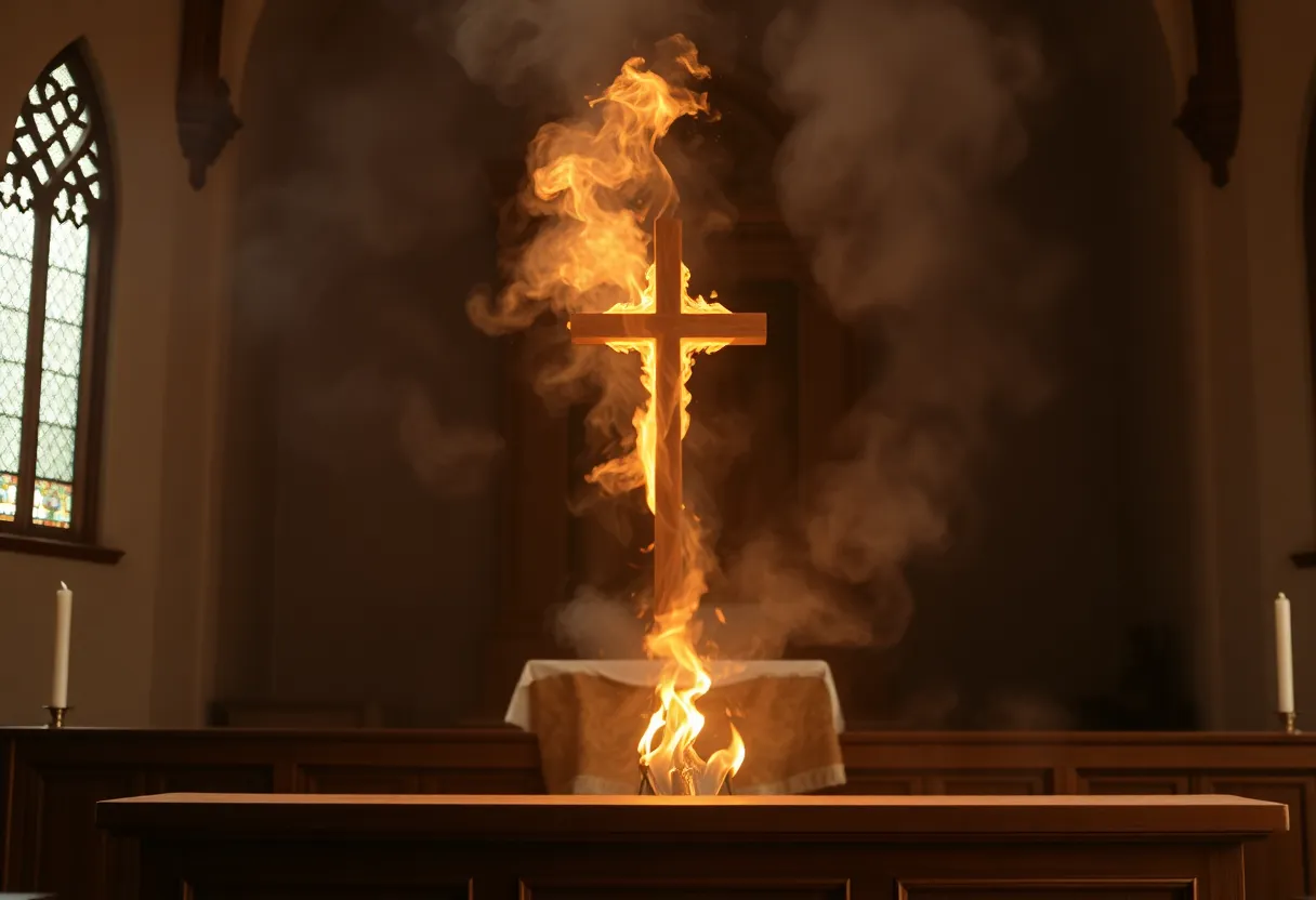Dramatic scene of a wooden altar with smoke and a glowing cross