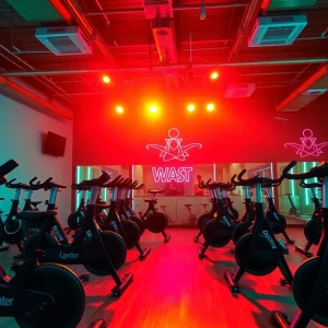 Indoor cycling studio with bikes and live music performance