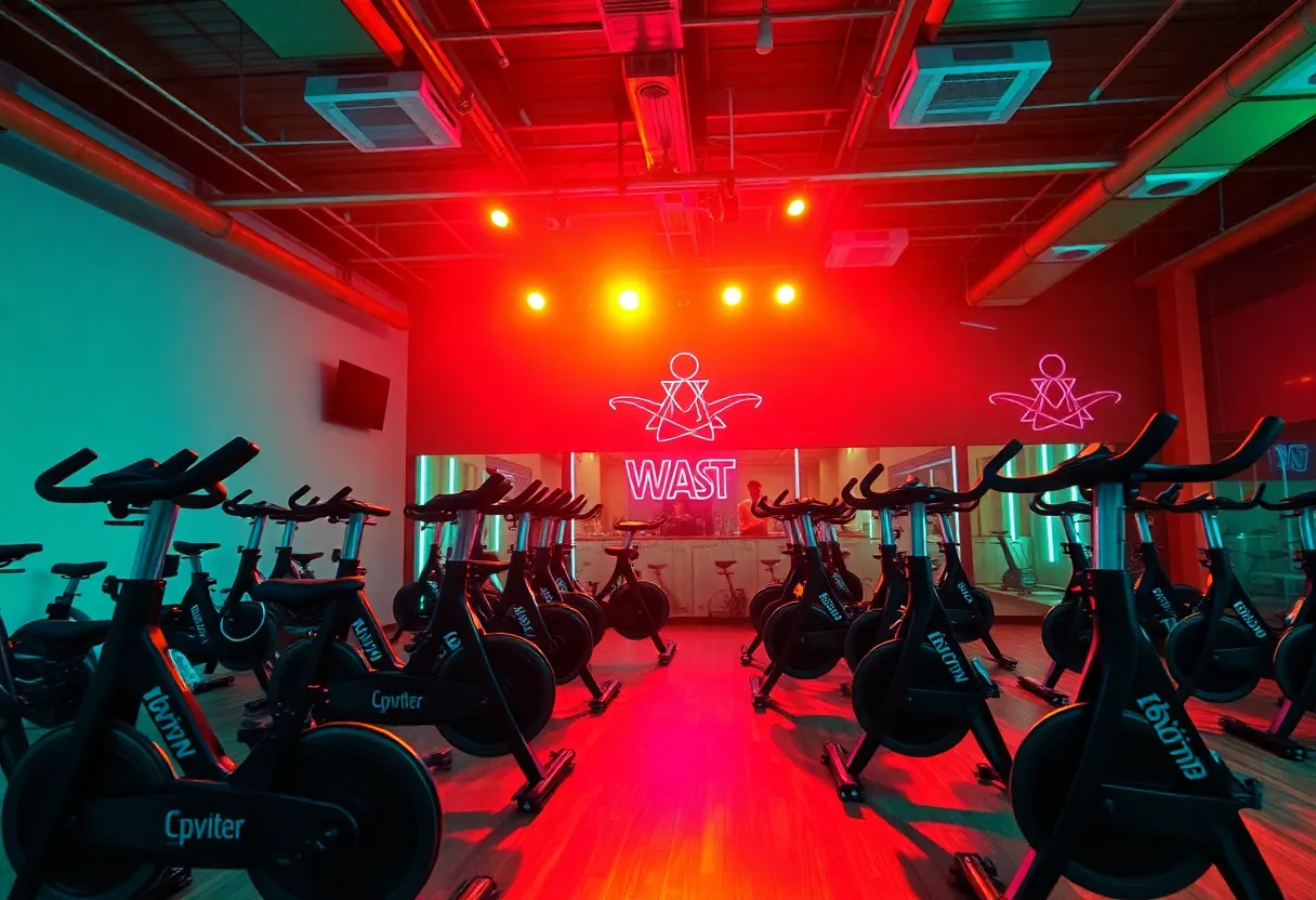 Indoor cycling studio with bikes and live music performance