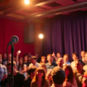 A comedy stage with a microphone and spotlight