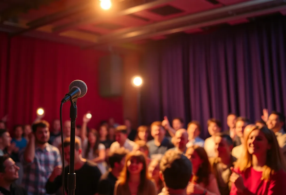 A comedy stage with a microphone and spotlight