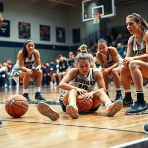 A female basketball player on the court with teammates showing concern, representing sports injuries.