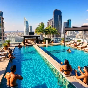 A stunning rooftop pool in Dallas with panoramic city views and sun loungers.