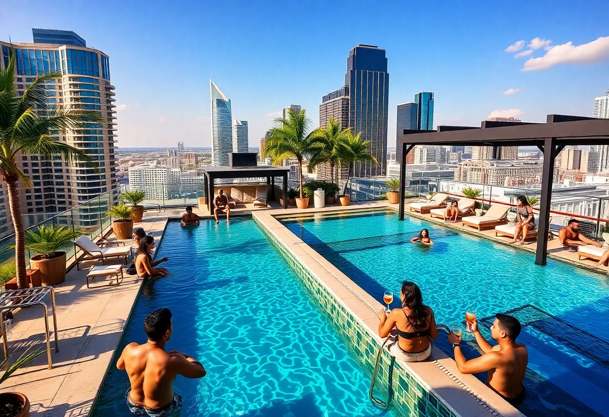 A stunning rooftop pool in Dallas with panoramic city views and sun loungers.