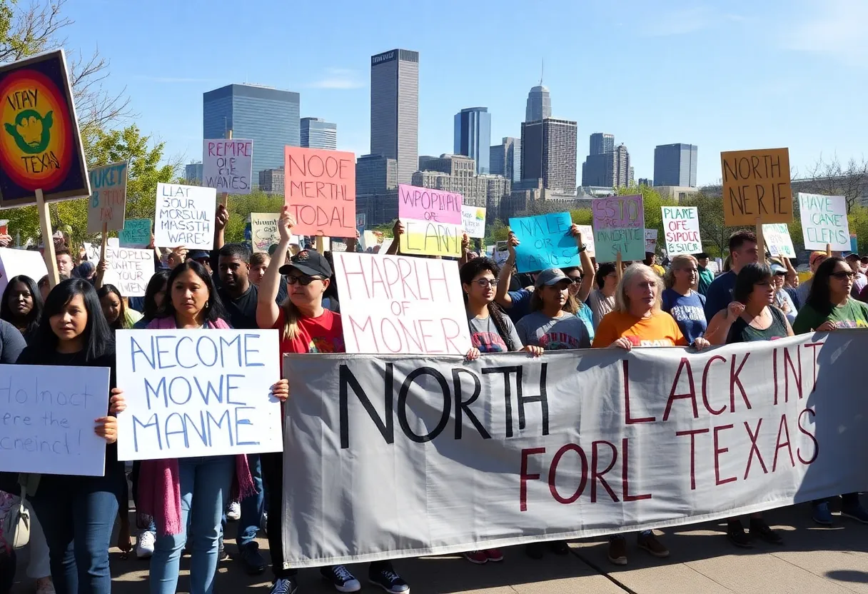 Demonstrators gathering in a protest against the Trump administration in North Texas.