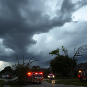 Storm damage in North Texas neighborhood with emergency response vehicles