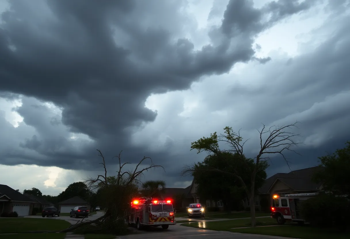 Storm damage in North Texas neighborhood with emergency response vehicles