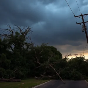 Severe weather aftermath with downed trees and power lines in North Texas