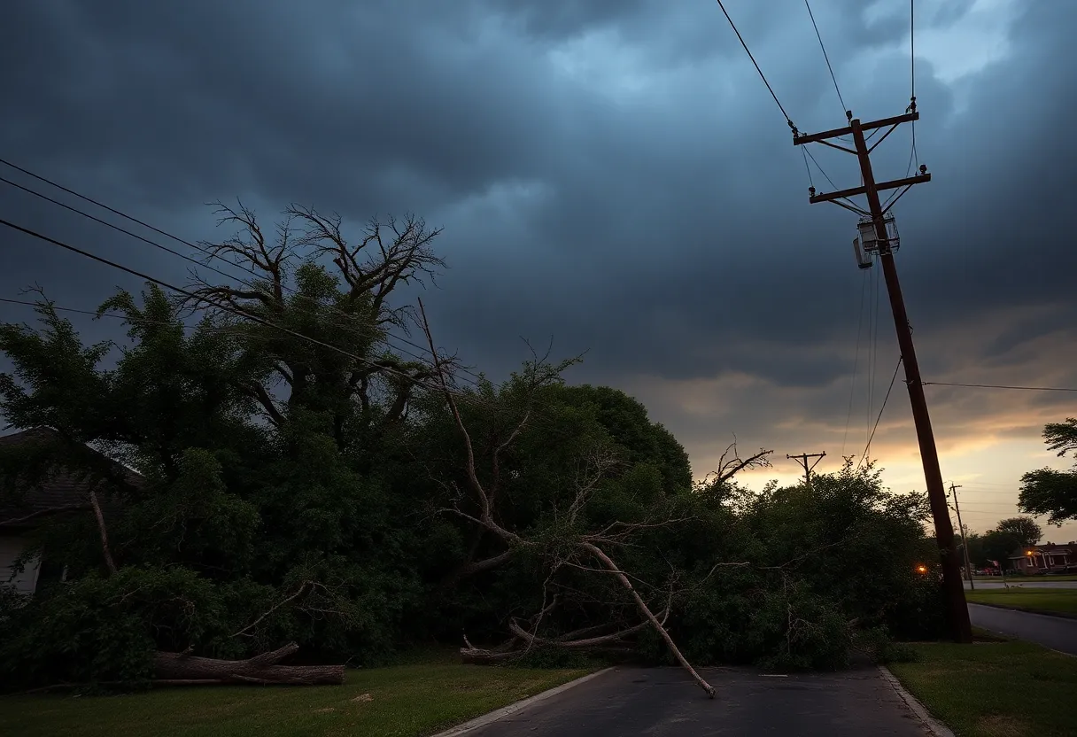 Severe weather aftermath with downed trees and power lines in North Texas