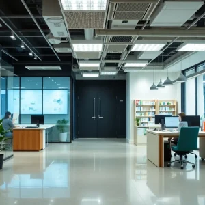 Office scene depicting collaboration in pharmacy management