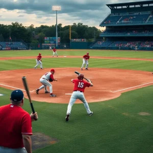 Baseball players strategizing on a field during a game