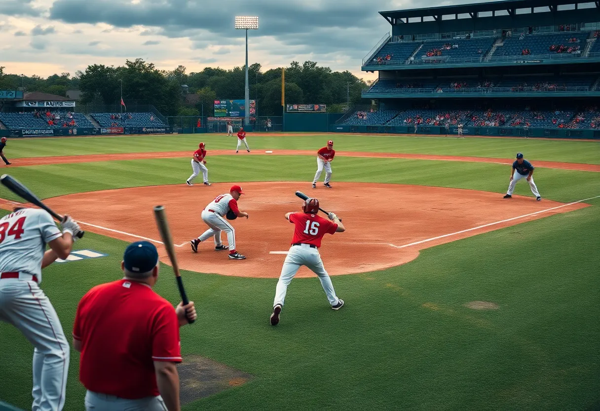 Baseball players strategizing on a field during a game