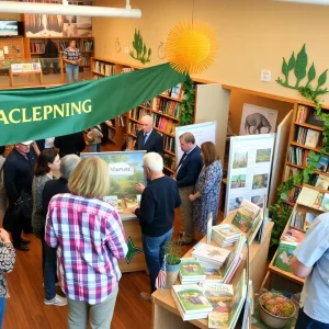 People attending the grand opening of Barnes & Noble in Rockwall, featuring local nature exhibits.