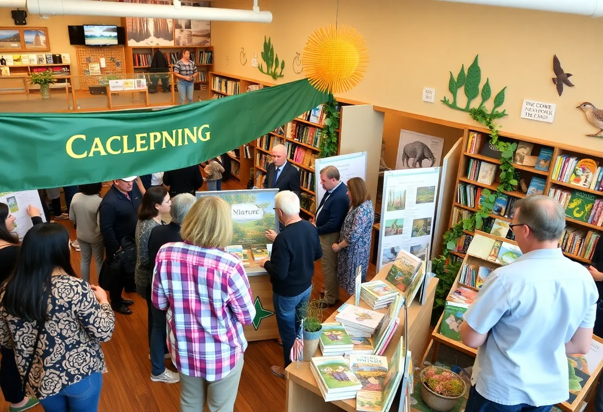 People attending the grand opening of Barnes & Noble in Rockwall, featuring local nature exhibits.