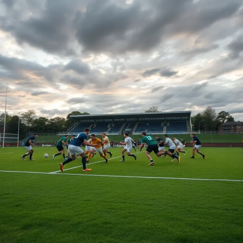 Rugby players from St. Edward's University in action during a match