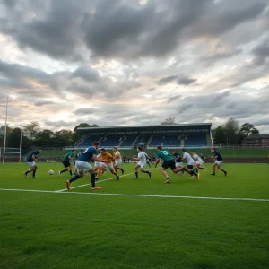 Rugby players from St. Edward's University in action during a match