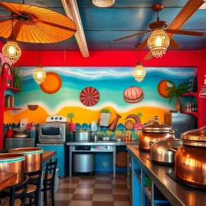 Colorful interior of Señor Oink Taqueria decorated with beach-themed decor and copper pots