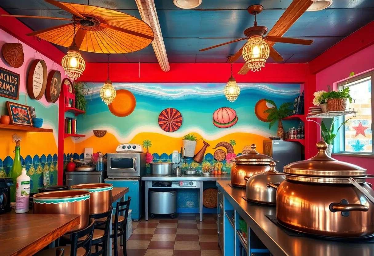 Colorful interior of Señor Oink Taqueria decorated with beach-themed decor and copper pots