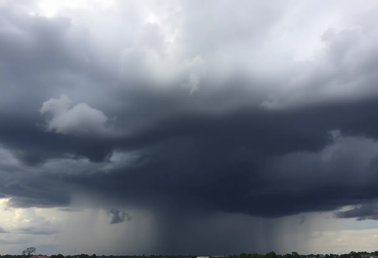Dark storm clouds over the Dallas-Fort Worth area during a severe thunderstorm